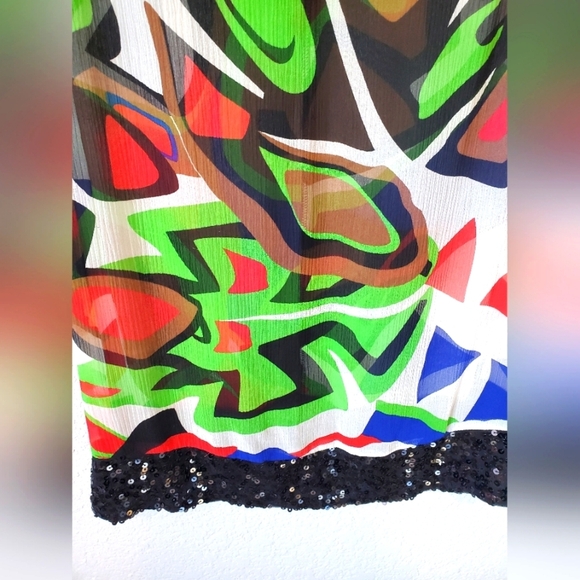 💚5/$25 Caché 100% Silk & Sequin vibrant Abstract Print Sheer Mini Dress XS - Picture 3 of 7